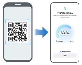 QR code is scanned to easily transfer data from an old device to a new Galaxy device.