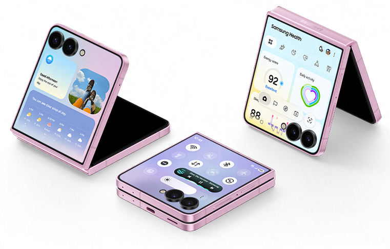 Five Galaxy Z Flip8 devices are arranged in various positions with FlexWindow visible. On each of their cover screens, Widgets, Quick Panel, Samsung Health insights, Home Screen apps tray and a scenic photo with Clock Widget.