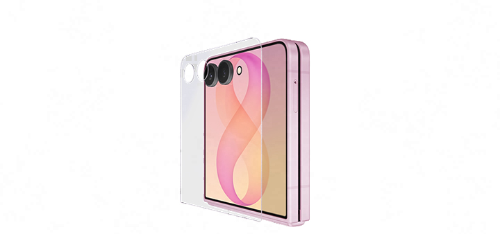 Folded Galaxy Z Flip8 is seen from the cover screen at a slight angle. A layer of protective glass hovers over the screen.
