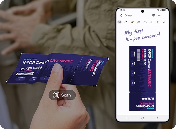 يد تمسك بتذكرة مجعّدة لحفل K-pop. وتطبيق Document Scan يلتقط صورة للتذكرة. هاتف جالاكسي إس26 إلترا يعرض مسحاً نقياً للتذكرة على شاشة Samsung Notes مع عبارة "My first K-pop concert" (أول تذكرة لحفلة K-pop).