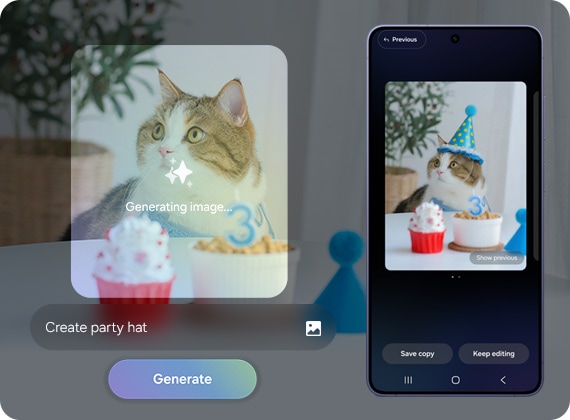 يظهر قط أمام طاولة يتم تعديله في Photo Assist، مع إنشاء الصورة عبر Galaxy AI. تم إدخال نص (أنشئ قبعة حفلات) للضغط على زر "إنشاء". بجانبه يظهر هاتف جالاكسي إس26 إلترا مع صورة القط المعدلة وهو يرتدي قبعة حفلة على الشاشة، مع خيارات: "إظهار الصورة السابقة" و"حفظ نسخة" و"مواصلة تحرير الصورة".