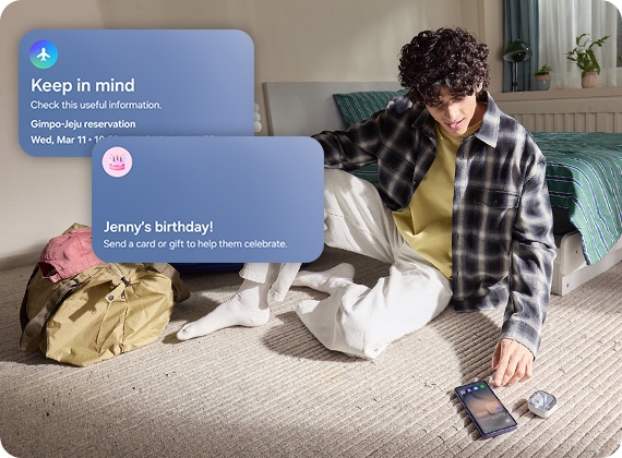 A person wearing Galaxy Buds4 Pro is staring down at the screen of their Galaxy S26 Ultra phone, which has Now Brief on its screen and a case for the Galaxy Buds nearby. Two GUI screens show personalized reminders from Now Brief.