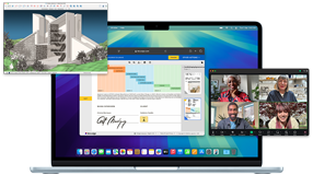 Several screens demonstrate the ease of running multiple apps at once, including webpages in Safari, a video call in Zoom, and a file in SketchUp, on MacBook Air