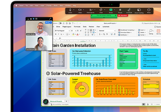 Graphs, charts, and a video call are open and active on a 16-inch MacBook Pro to demonstrate the compability of macOS with Microsoft Excel and Zoom