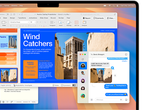 From the Messages app, a photo is inserted into a Microsoft Word report open in a 13-inch MacBook Air to demonstrate the intuitive design of Mac and its similarity to iPhone