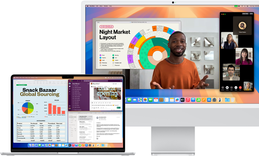 An open 15-inch MacBook Air in Silver running Mail, Numbers, and Slack, next to a 24-inch iMac showing a person giving a Keynote presentation on FaceTime